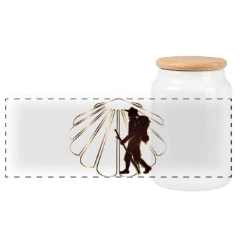 A pilgrim on a pilgrimage path with scallops - Panoramic Cookie Jar with Wooden Lid - white - Front