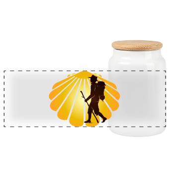 A pilgrim on a pilgrimage path with scallops - Panoramic Cookie Jar with Wooden Lid - white - Front
