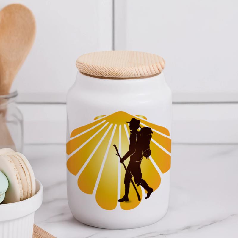 A pilgrim on a pilgrimage path with scallops Panoramic Cookie Jar with Wooden Lid