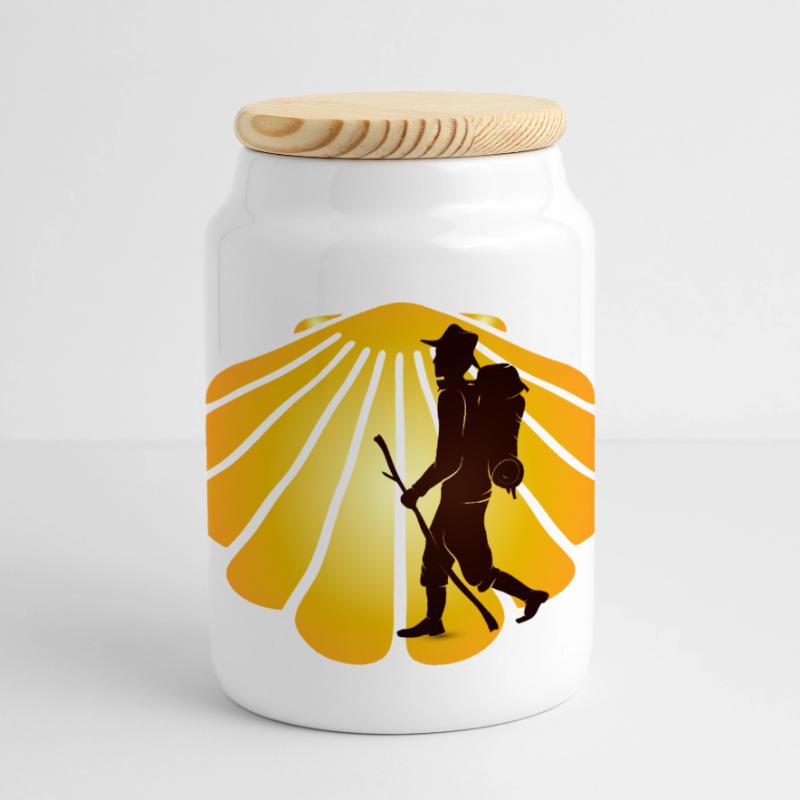 A pilgrim on a pilgrimage path with scallops Panoramic Cookie Jar with Wooden Lid