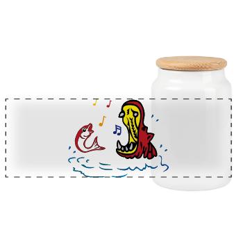 Hippo and fish sing in duet - Panoramic Cookie Jar with Wooden Lid - white - Front