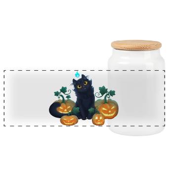 Süßes schwarzes Kätzchen und Halloween Kürbisse - Panorama Keksdose mit Holzdeckel - Weiß - Vorne