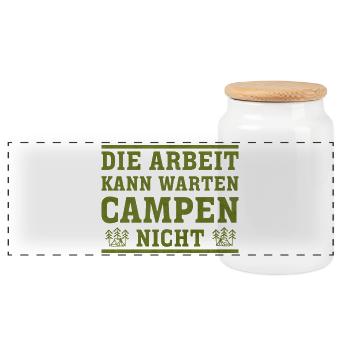 Arbeit kann warten, Camping nicht - Panorama Keksdose mit Holzdeckel - Weiß - Vorne