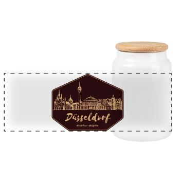 Düsseldorfer Skyline Badge - Panorama Keksdose mit Holzdeckel - Weiß - Vorne