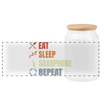 Eat Sleep Repeat Saxophones - Panoramic Cookie Jar with Wooden Lid - white - Front