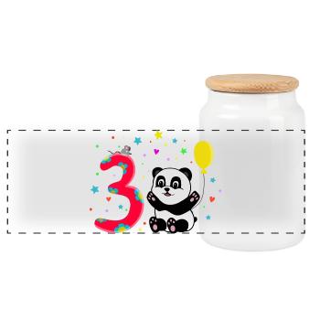 Third Birthday 3rd Year Old Panda Cute Gift - Panoramic Cookie Jar with Wooden Lid - white - Front