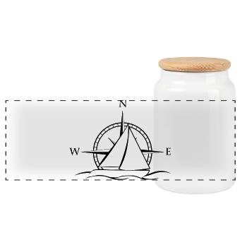 Segelboot mit Windrose neutral schwarz - Panorama Keksdose mit Holzdeckel - Weiß - Vorne