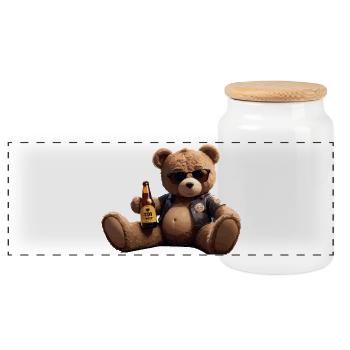 Biker Teddybär mit Bier - Panorama Keksdose mit Holzdeckel - Weiß - Vorne
