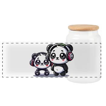 Cute Panda Headphone Motif - Panoramic Cookie Jar with Wooden Lid - white - Front