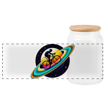 Cyclist on Saturn - Panoramic Cookie Jar with Wooden Lid - white - Front