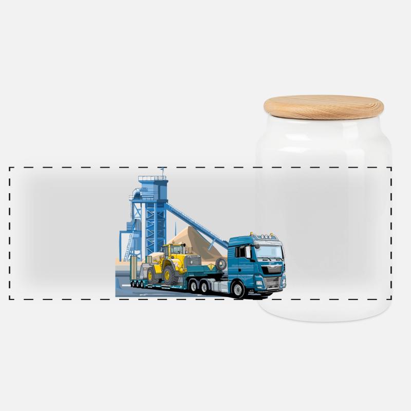 Tieflader im Kieswerk - Panorama Keksdose mit Holzdeckel - Weiß