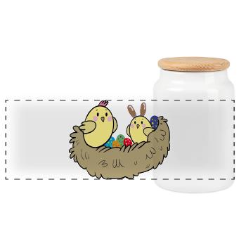 Chicks with colorful eggs in the nest - Panoramic Cookie Jar with Wooden Lid - white - Front