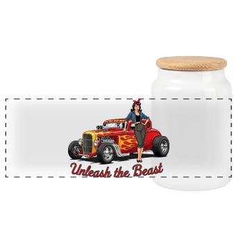 Rusty Hot Rod with Female Accompaniment - Panoramic Cookie Jar with Wooden Lid - white - Front