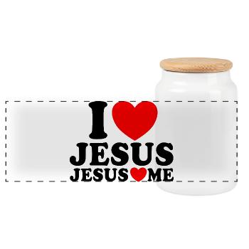 I love Jesus Jesus loves me Christian faith - Panoramic Cookie Jar with Wooden Lid - white - Front