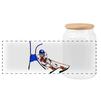 Alpine skis in archway flight - Panoramic Cookie Jar with Wooden Lid - white - Front