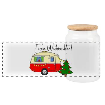 Frohe Weihnachten mit Wohnwagen - Caravan Camper - Panorama Keksdose mit Holzdeckel - Weiß - Vorne