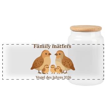 Rebhuhn Familie – Vogel des Jahres 2026 Family Mat - Panorama Keksdose mit Holzdeckel - Weiß - Vorne