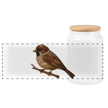 Sparrow in a natural look - Panoramic Cookie Jar with Wooden Lid - white - Front