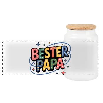 Bester Papa – bunte Buchstaben - Panorama Keksdose mit Holzdeckel - Weiß - Vorne