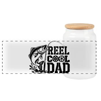 Fishing Angler Fisherman Fish, Reel Cool Dad - Panoramic Cookie Jar with Wooden Lid - white - Front
