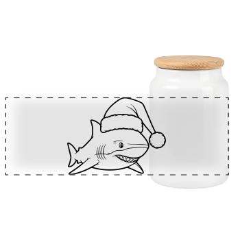Christmas Shark Cartoon Illustration - Panoramic Cookie Jar with Wooden Lid - white - Front