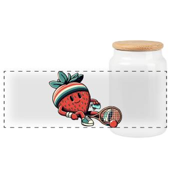 Strawberry Playing Tennis With Retro Headband - Panoramic Cookie Jar with Wooden Lid - white - Front