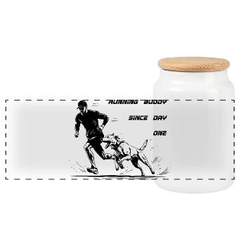 Jogging with Dog Running Buddy - Panoramic Cookie Jar with Wooden Lid - white - Front