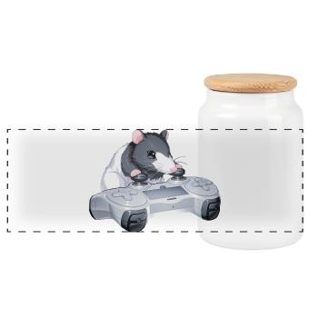 Ratty Gamer mit Controller – Kawaii Rat Meme - Panorama Keksdose mit Holzdeckel - Weiß - Vorne