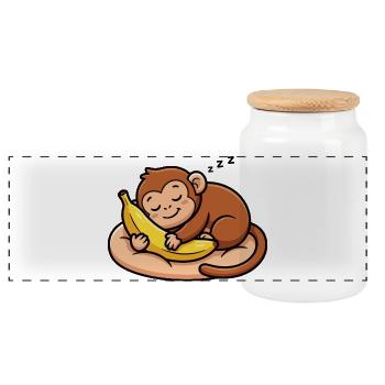 Sleeping monkey with banana - Panoramic Cookie Jar with Wooden Lid - white - Front