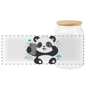 Niedlicher Panda macht Selfie – Lustiges Motiv - Panorama Keksdose mit Holzdeckel - Weiß - Vorne