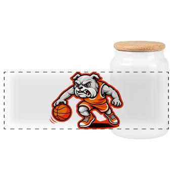 Bulldog Basketball Power-Dribbel-Maskottchen - Panorama Keksdose mit Holzdeckel - Weiß - Vorne
