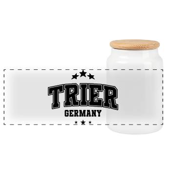 Trier Block Font Arch – Varsity Style - Panoramic Cookie Jar with Wooden Lid - white - Front