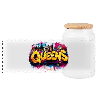 Queens Graffiti Skyline Farbexplosion - Panorama Keksdose mit Holzdeckel - Weiß - Vorne