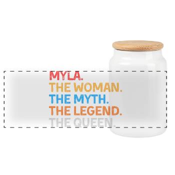 Myla The Woman The Myth The Legend The Queen - Panoramic Cookie Jar with Wooden Lid - white - Front