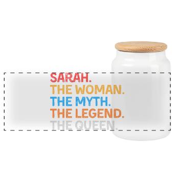 Sarah The Woman The Myth The Legend The Queen - Panoramic Cookie Jar with Wooden Lid - white - Front