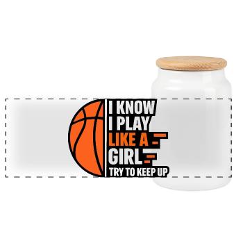 Ich weiß, ich spiele wie ein Mädchen – Basketball-Zitat - Panorama Keksdose mit Holzdeckel - Weiß - Vorne