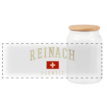 Reinach Switzerland Emblem Logo - Panoramic Cookie Jar with Wooden Lid - white - Front