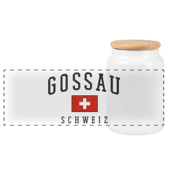 Gossau Switzerland Vintage Logo - Panoramic Cookie Jar with Wooden Lid - white - Front