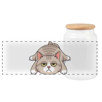 Grim late riser cat morning grouch - Panoramic Cookie Jar with Wooden Lid - white - Front
