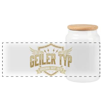 Geiler Typ 1979 – Geburtstag Vintage Wappen - Panorama Keksdose mit Holzdeckel - Weiß - Vorne