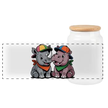 Bébé Rhinocéros & Hippo – Duo d’animaux mignons avec une casquette - Boîte à biscuits avec couvercle en bois - blanc - Devant