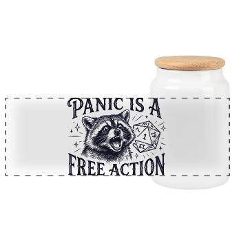 Panic is a Free Action – Raccoon D20 Design - Panoramic Cookie Jar with Wooden Lid - white - Front