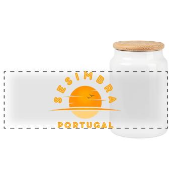 Sesimbra Portugal Sonnenaufgangsemblem - Panorama Keksdose mit Holzdeckel - Weiß - Vorne