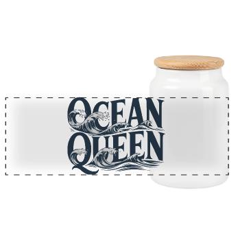 Ocean Queen - Waves Typography Design - Panoramic Cookie Jar with Wooden Lid - white - Front