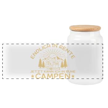 Retired Camping Caravan Retirement - Panoramic Cookie Jar with Wooden Lid - white - Front