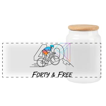 Forty & Free Cycling 40th Birthday Art - Panoramic Cookie Jar with Wooden Lid - white - Front