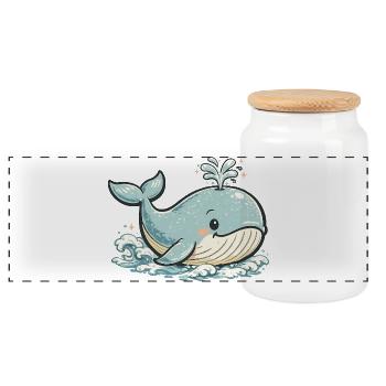 Small Blue Whale Splash Animal - Panoramic Cookie Jar with Wooden Lid - white - Front