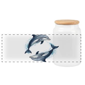 Two jumping dolphins illustration - Panoramic Cookie Jar with Wooden Lid - white - Front