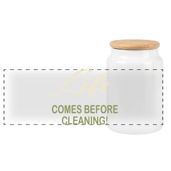 Citation de la typographie de nettoyage La vie passe avant le nettoyage - Boîte à biscuits avec couvercle en bois - blanc - Devant