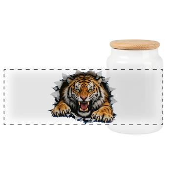 Tiger Breakthrough on clothing - Panoramic Cookie Jar with Wooden Lid - white - Front